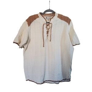 Yusutex Peruvian Cotton Cream Short Sleeve Y2K Drawstring Shirt, Men's Size XL